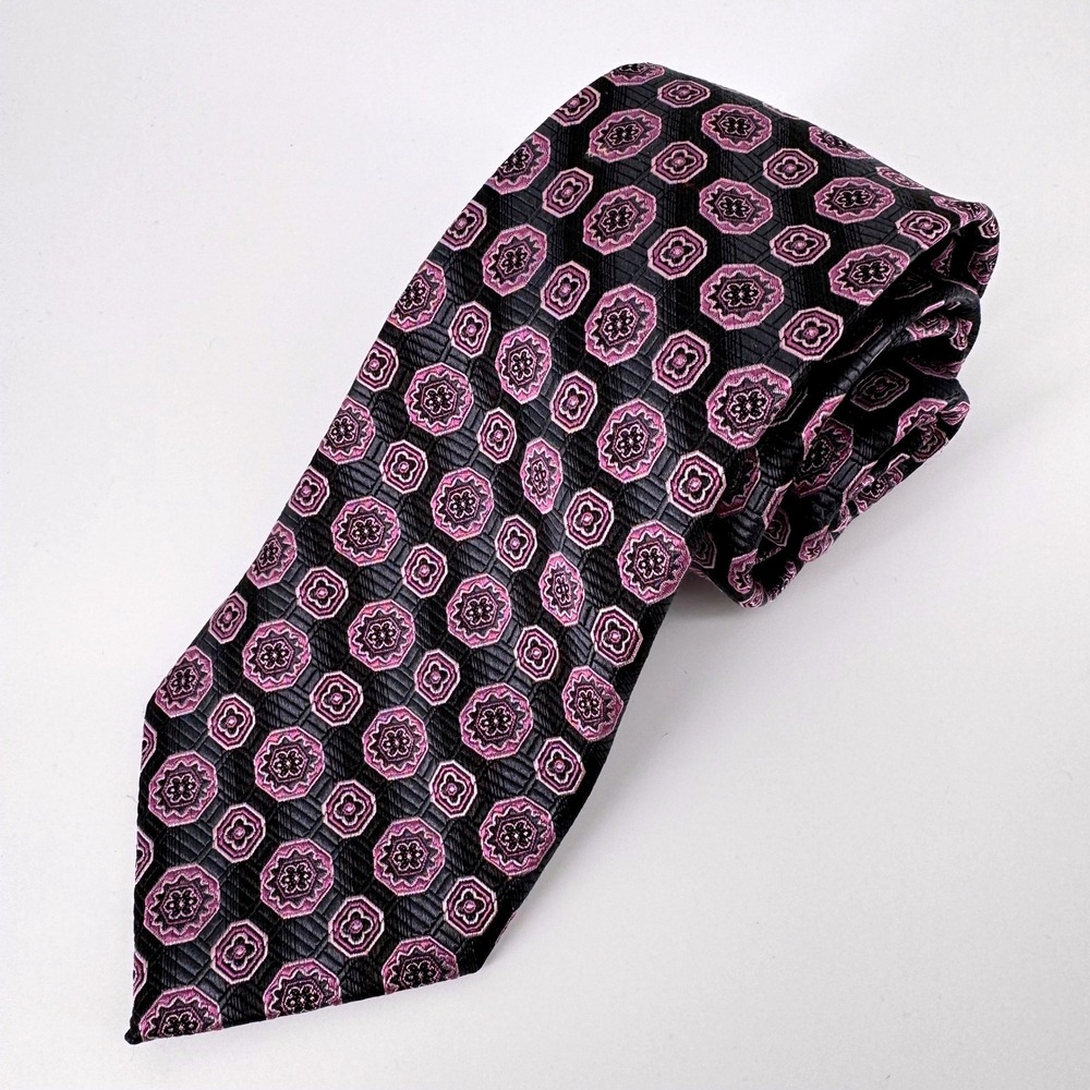 Bruno Piattelli Roma Tie Men 60" Black Purple Silk Geometric Medallion Hand Made